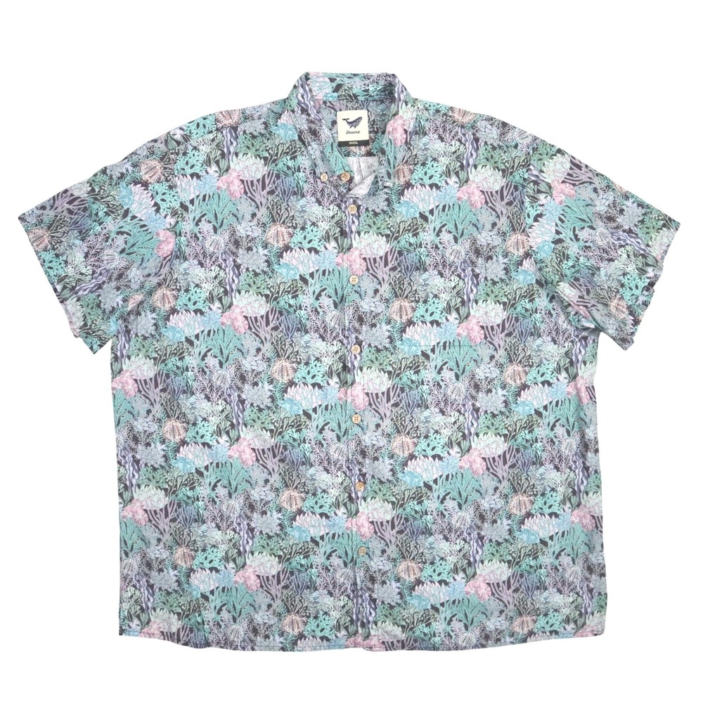 Yiume‎ Hawaiian Aloha Shirt Mens XXXXL Teal Purple Marine Botanical 100% Cotton